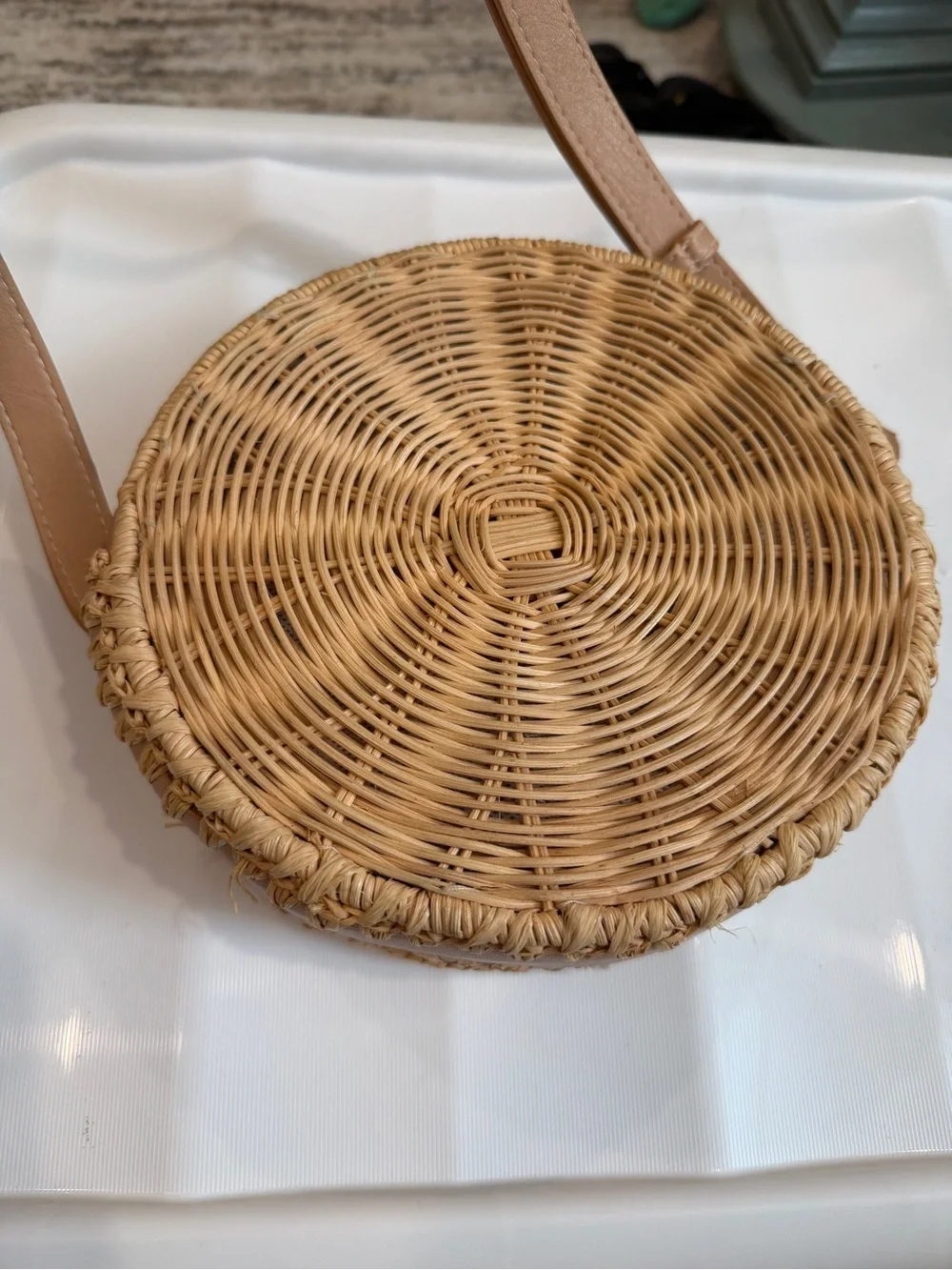 Woven Round Natural Tan Crossbody Bag